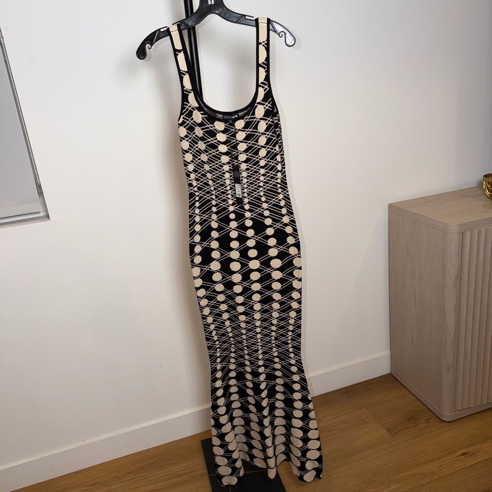 NWT Fashion Nova Sabrina Sweater Maxi Dress Black Cream Geometric Bodycon